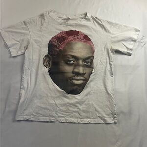White Graphic Dennis Rodman T-Shirt with Pink Accent